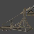 Ancient Wooden Trebuchet Siege Weapon With Stone Balls And Wooden Frame