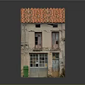 Old House Model With Red Tiled Roof Weathered Walls And Green Trash Bin