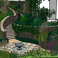 Garden Landscape Design With Lush Greenery Stone Path And Purple Flowers
