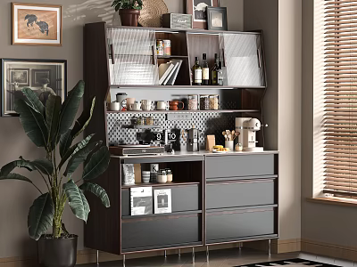 Modern Kitchen Interior With Stylish Sideboard Glass Doors Storage Drawers Wall Art And Potted Plant 3d model