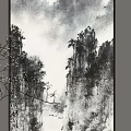 Elegant Chinese Ink Landscape Painting With Mountain Water Vase And Dry Branches