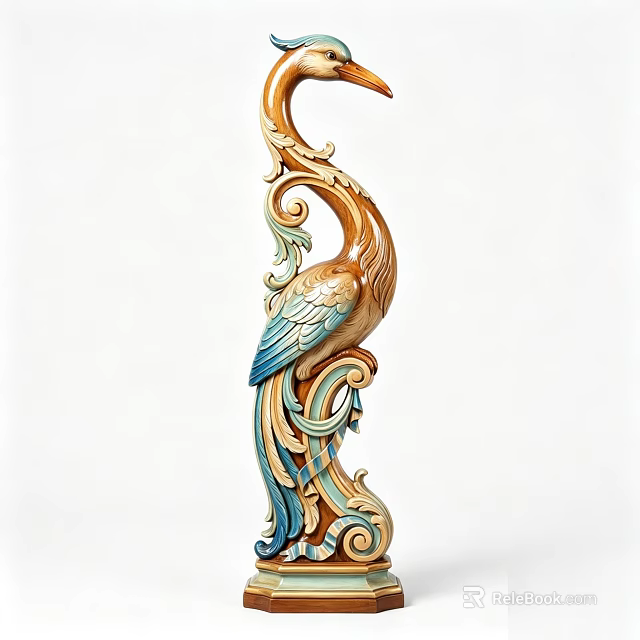 Bird Shaped Carved Decorative Ornament Set With Curved Patterns And Brown Blue Beige Colors 3d model 