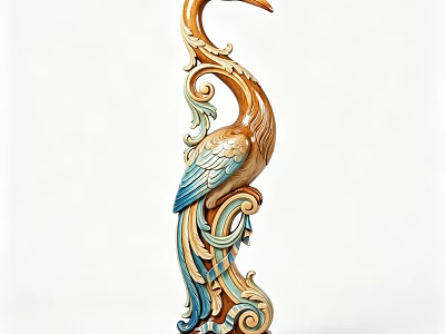 Bird Shaped Carved Decorative Ornament Set With Curved Patterns And Brown Blue Beige Colors 3d model