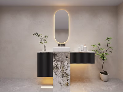 Modern Bathroom Vanity With Oval Backlit Mirror Marble Countertop Black Cabinets And Potted Plants 3d model