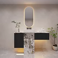Modern Bathroom Vanity With Oval Backlit Mirror Marble Countertop Black Cabinets And Potted Plants