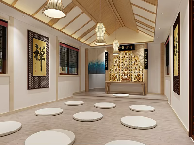 Serene Buddhist Worship Hall Interior With Buddha Statues Meditation Cushions And Traditional Lanterns 3d model