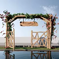 Decorative Wooden Archway With Green Vines Red Flowers Wooden Sign And Pool Reflection