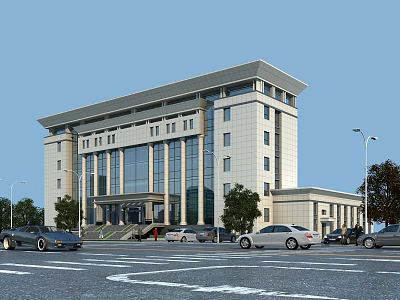 Modern Office Building With Glass Curtain Walls Stone Facade Trees Street Lights And Parked Cars 3d model