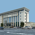 Modern Office Building With Glass Curtain Walls Stone Facade Trees Street Lights And Parked Cars