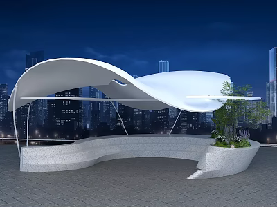 White Modern Curved Canopy Design With Stone Bench And City Night Skyline 3d model