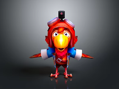 3D Red Bird Game Movie Character Wearing Aviator Helmet Goggles And Blue Red Outfit 3d model