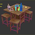 Wooden Table And Stools Set With Green Bag Clear Cups And Purple Water Bottle