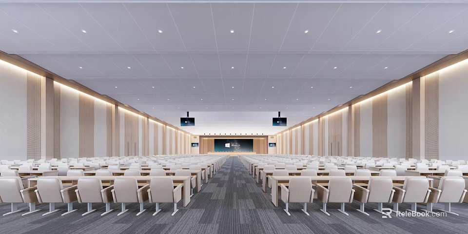 Spacious Conference Room Interior With Neatly Arranged Seats Projection Screens And Wooden Panel Walls 3d model 