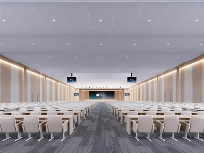 Spacious Conference Room Interior With Neatly Arranged Seats Projection Screens And Wooden Panel Walls 3d model