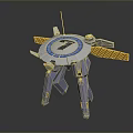 Mechanical Satellite Model With Circular Platform Number 7 Four Legs Yellow Panels And Antenna
