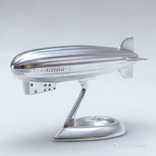 Silver Metallic Airship Model Decorative Ornament Set With Base Stand And Skyship Lettering Design 3d model 