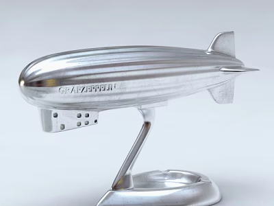 Silver Metallic Airship Model Decorative Ornament Set With Base Stand And Skyship Lettering Design 3d model