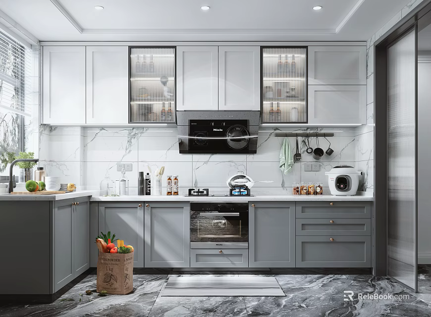 Modern Kitchen Interior Design With Grey Cabinets White Marble Countertops And Glass Door Upper Cabinets 3d model 