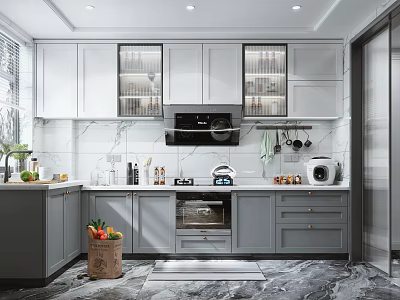 Modern Kitchen Interior Design With Grey Cabinets White Marble Countertops And Glass Door Upper Cabinets 3d model