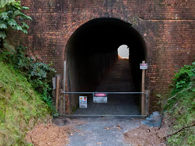 Road Infrastructure Featuring Brick Tunnel Entrance With Metal Gate Warning Signs And Green Vegetation 3d model