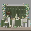 Delicious Cream Cake and Desserts Display on Green Decorated Table With Balloons and White Accents