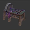 Traditional Wooden Workbench With Green Tabletop Stone Grinding Wheel And Tools