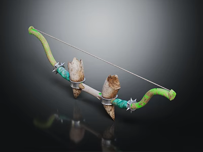 Traditional Decorative Bow Weapon Featuring Green Limbs Bone Like Ends And Metal Accents 3d model