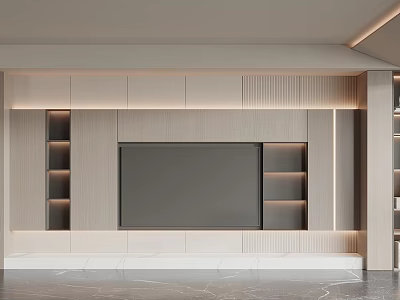 Modern Minimalist TV Wall Design With Built in TV Screen Side Shelves And Ambient Lighting 3d model