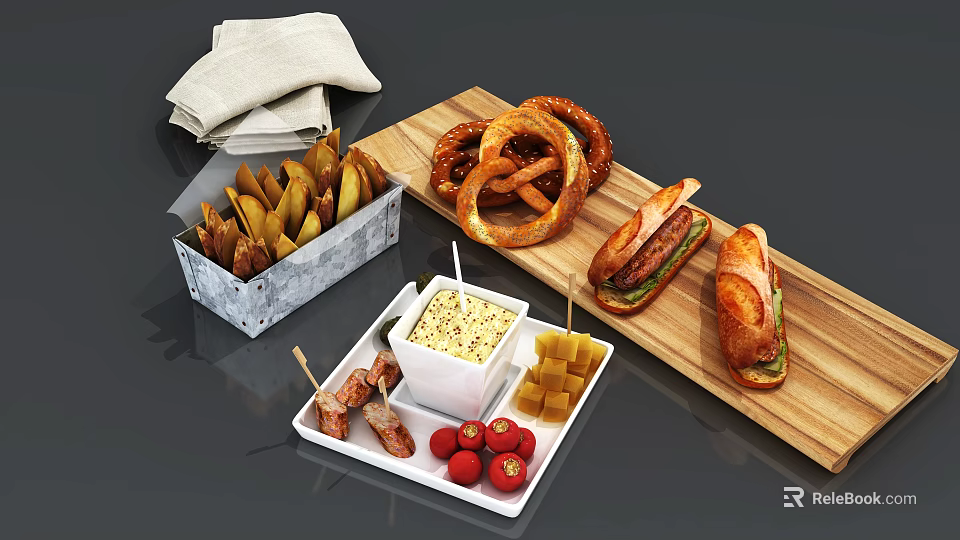 Assorted Delicious Snacks Featuring Pretzels Fries Sandwiches Strawberries Dip And Cheese 3d model 
