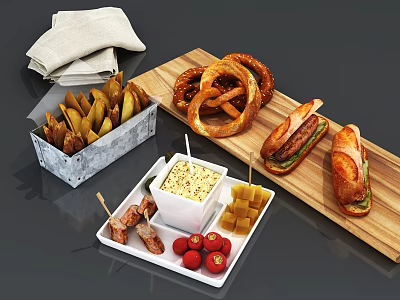 Assorted Delicious Snacks Featuring Pretzels Fries Sandwiches Strawberries Dip And Cheese 3d model