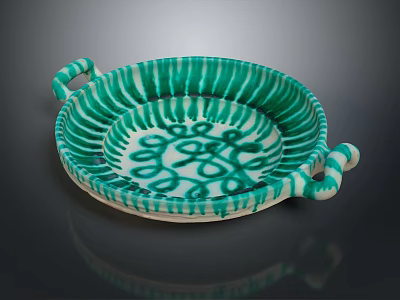 Handcrafted Ceramic Sculpted Tray With Green White Striped Swirled Patterns And Two Handles 3d model