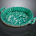 Handcrafted Ceramic Sculpted Tray With Green White Striped Swirled Patterns And Two Handles