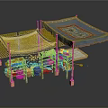 Traditional Outdoor Pavilion Structures With Decorative Canopies And Wooden Shelves Holding Items
