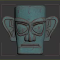 Teal Colored Carved Head Sculpture With Symmetrical Ears And Geometric Facial Design