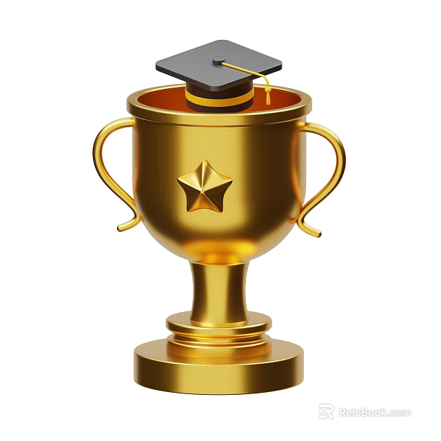 Gold Trophy With Graduation Cap Star Decor And Golden Handles Base Design 3d model 