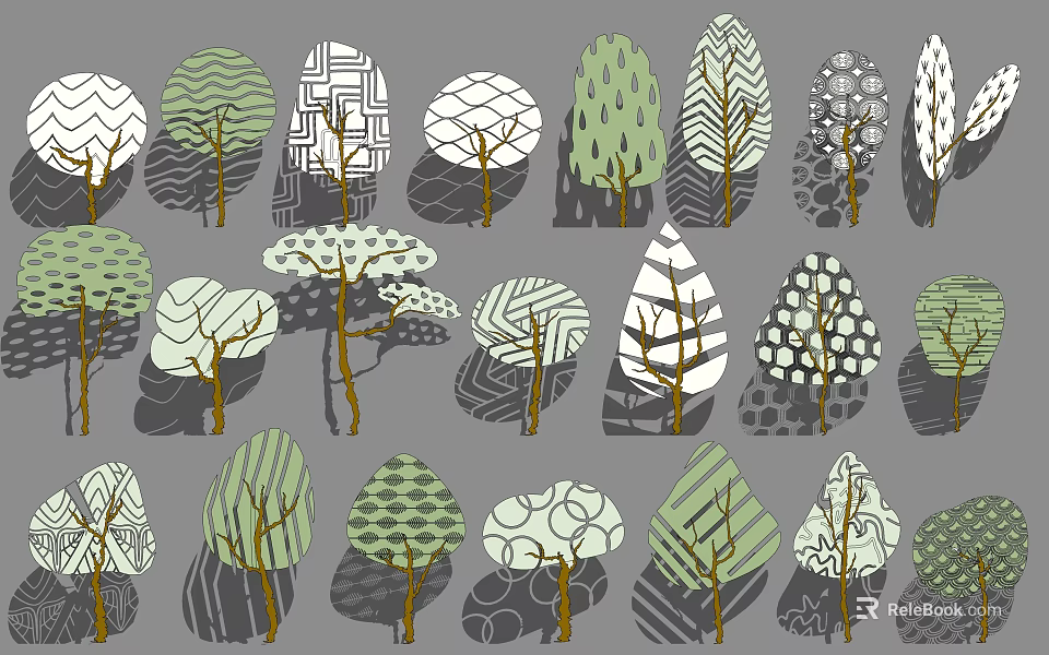 Cartoon Scene With Various Designed Trees And Colorful Leaf Patterns Illustration 3d model 