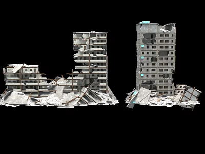 Collapsed High Rise Buildings With Ruins Scattered Debris And Structural Damage 3d model