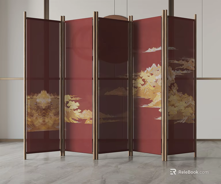 Red Folding Screen With Golden Cloud Patterns Traditional Chinese Style Metal Frame Interior Decor 3d model