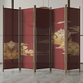 Red Folding Screen With Golden Cloud Patterns Traditional Chinese Style Metal Frame Interior Decor 3d model