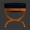 Wooden Stool With Curved Legs And Dark Blue Striped Cushioned Seat