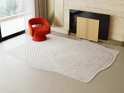 Unique Shaped Rug in Modern Living Room with Red Chair 3d model