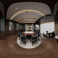 Elegant Private Dining Room With Round Table Chairs Ceiling Pendant Lights And Decorative Painting