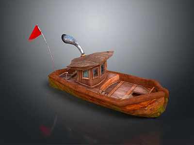 Wooden Boat With Red Flag And Fish Shaped Decoration On Deck 3d model