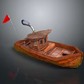 Wooden Boat With Red Flag And Fish Shaped Decoration On Deck