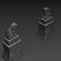 Mythical Stone Lion Statues As Game And Movie Characters With Ancient Pedestal And Red Symbol