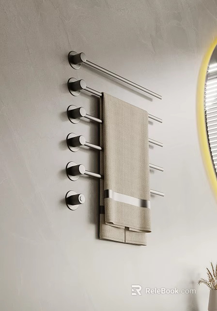 Wall Mounted Modern Towel Rack With Metal Rods Hanging Beige Towel In Bathroom 3d model 
