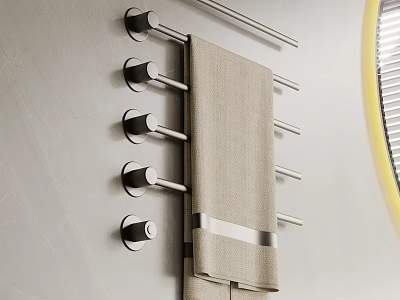 Wall Mounted Modern Towel Rack With Metal Rods Hanging Beige Towel In Bathroom 3d model