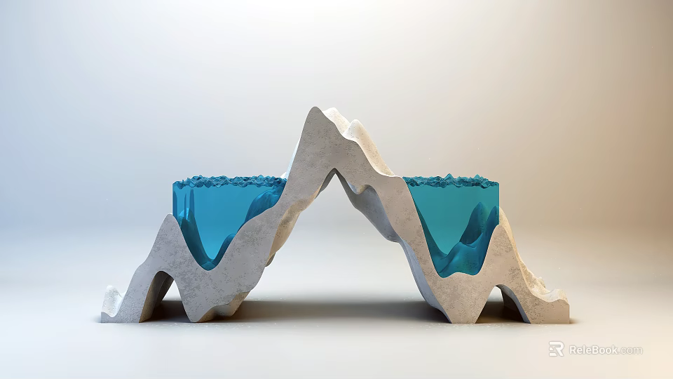 Modern Decorative Ornament Set With Mountain Shaped Concrete Base And Blue Glass Inserts 3d model 