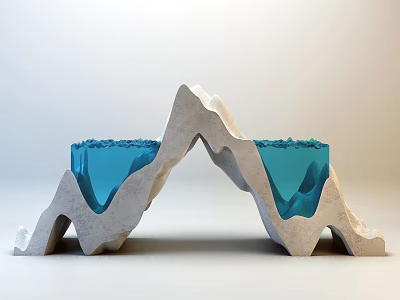 Modern Decorative Ornament Set With Mountain Shaped Concrete Base And Blue Glass Inserts 3d model