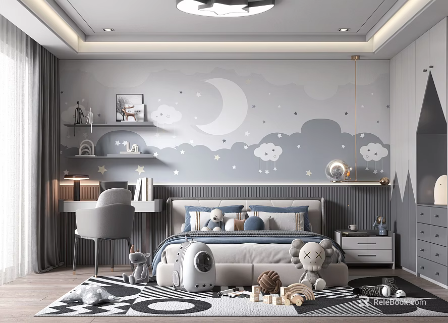 Gray Toned Kids Bedroom With Cloud Moon Wall Art And Toys 3d model 